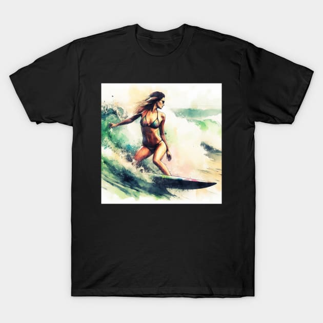 Woman surfing in a bikini T-Shirt by WelshDesigns